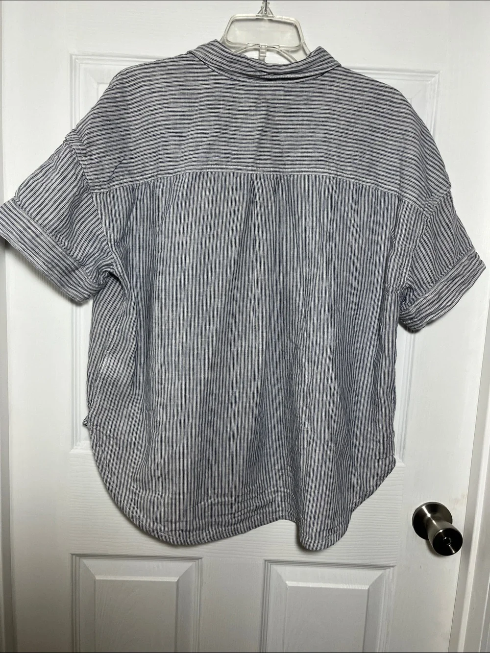 J. Crew Short-Sleeve Linen/Cotton Blend Striped Button-Up Shirt - Navy and White